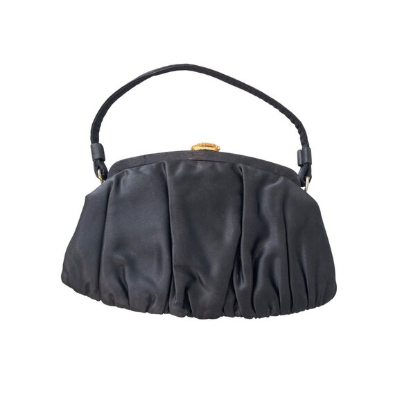 VIntage 60s Garay Black Satin Clutch Evening Bag Cocktail Rhinestone Clasp Clutc - Picture 1 of 8